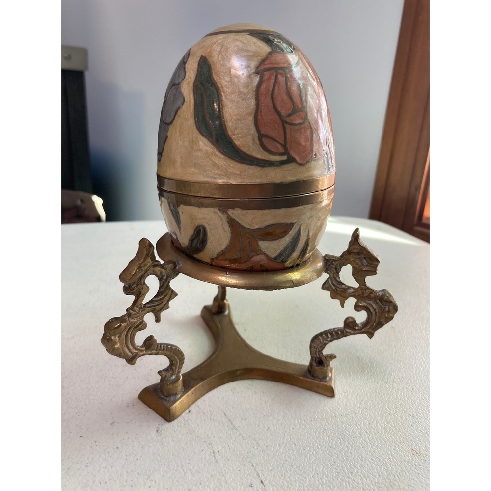 Vintage Cloisonne Enamel Floral Egg Trinket Box with Ornate Brass Dragon Stand